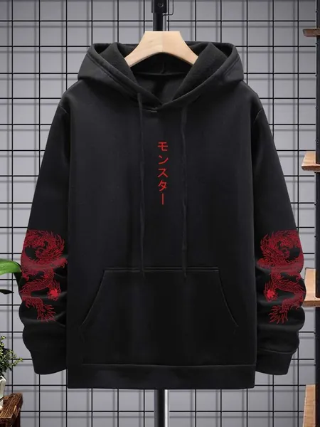 Men Japanese Letter & Chinese Dragon Print Drawstring Hoodie