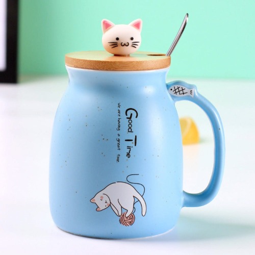 Adorable Cat Cartoon Ceramic Coffee Mug - Blue