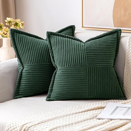 MIULEE Dark Green Corduroy Pillow Covers with Splicing Set of 2 Super Soft Boho Striped Christmas Pillow Covers Broadside Decorative Textured Throw Pillows for Couch Cushion Livingroom 18x18 inch - 18x18 Inch (Pack of 2) - Dark Green