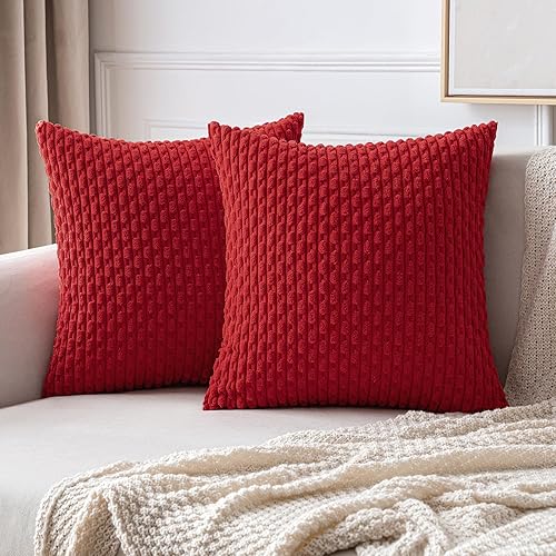 MIULEE Red Throw Pillow Covers Soft Corduroy Decorative Set of 2 Boho Striped Pillow Covers Pillowcases Farmhouse Home Decor for Christmas Couch Bed Sofa Living Room 18x18 Inch - 18x18 Inch (Pack of 2) - Red