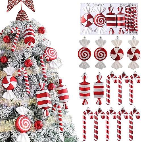 14Pcs Christmas Candy Cane Lollipop Ornaments for Christmas Tree Decorations,Red and White 6.5Inch Assorted Shapes Hanging Ornament with Ribbon for Xmas New Year Holiday Festival Home Party Decor - 14pcs Red White