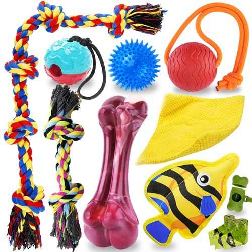 KIPRITII Tough&Long-Lasting Dog Toys for 45-90lbs Dogs-12 Pack Various Dog Toys for Boredom with Tough Ropes, Cute Squeaky Toys & Dog Treat Balls for Medium & Large Breed Dogs - For 45-90lbs Dog