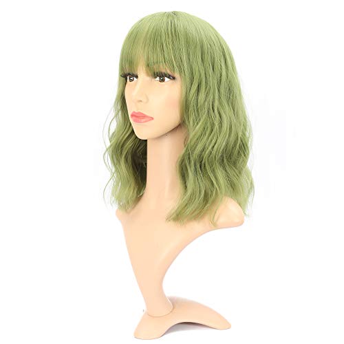 VCKOVCKO Natural Wavy Wig With Air Bangs Short Bob Matcha Green Wigs Women's Shoulder Length Wigs Curly Wavy Synthetic Cosplay Wig Pastel Bob Wig for Girl Colorful Wigs(12", Matcha Green) - Matcha Green