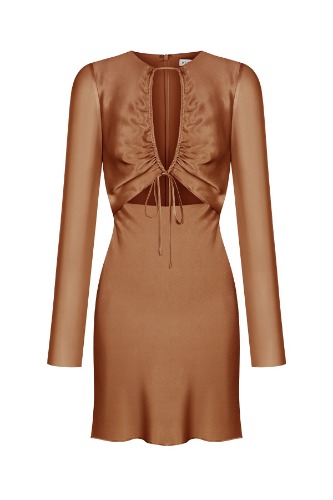 FELICITY LONG SLEEVE CUT OUT FRONT MINI DRESS - ALMOND | US 4