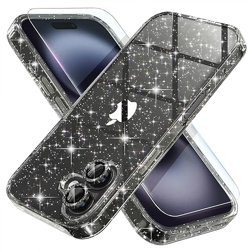 Choiche Compatible for iPhone 16 Case, Women Cute Clear Glitter Bling Sparkly Case, [2 x Diamond Camera Lens Protectors] [2 x Tempered Glass Screen Protectors] 6.1-inch (Glitter Black) - Glitter Black