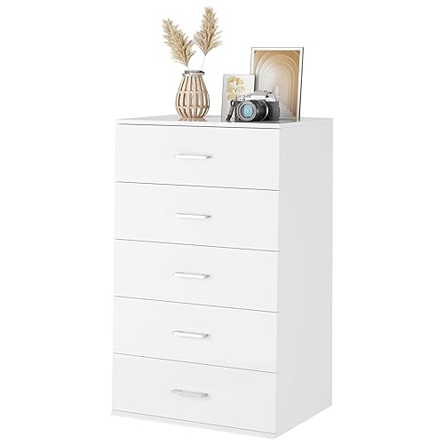TTVIEW 5 Drawer Dresser Chest, Tall Dresser Storage Tower with Metal Handles, White Storage Cabinet for Living Room, Kitchen, Entryway, White - White