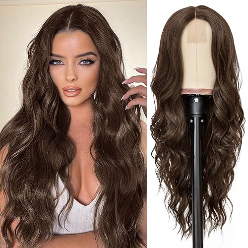 NAYOO Long Dark Brown Wavy Wig for Women 26 Inch Middle Part Curly Wavy Wig Natural Looking Synthetic Heat Resistant Fiber Wig for Daily Party Use (Dark Brown) - 26 Inch - Dark Brown
