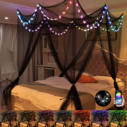 Bed Canopy with LED Star Lights, Canopy Bed Curtain with RGB Color Changing String Lights with Smart App Control Remote for Princess Girls Bedroom, Suggested for Twin Full Queen King Bed - Rgb Black