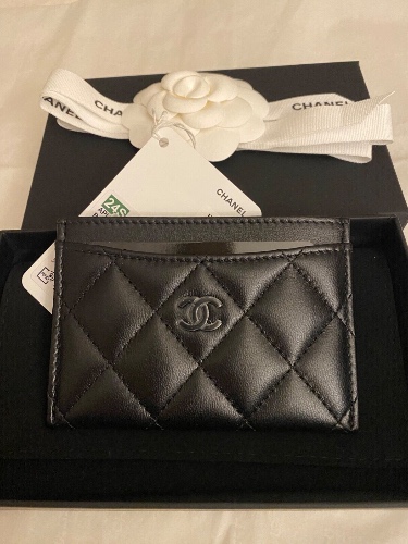 Chanel Classic Flat So Black Card Holder Lambskin Leather Wallet New 24S