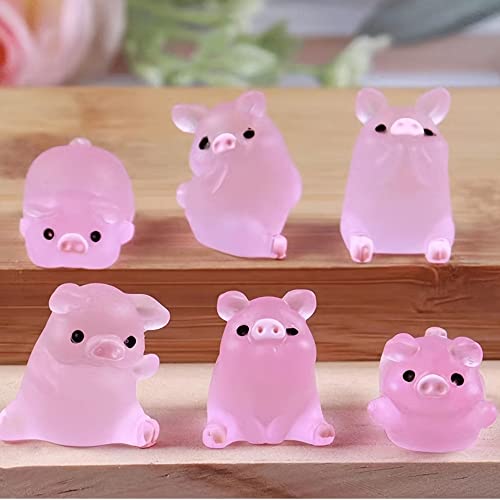 12Pieces Mini Resin Glow Pig Mini Portrait Mini Fairy Garden Landscape Aquarium Decorative Pot Decoration DIY Christmas Birthday Party Clay Amulet (Pink) - Pink