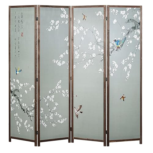 MyGift 4-Panel Asian-Inspired Folding Room Divider with Cherry Blossom Tree & Bird Design Poetry Calligraphy and Brown Wooden Frame