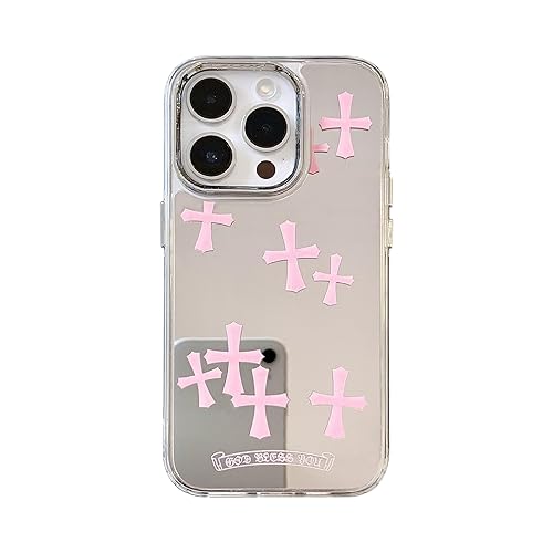 ezyuzy Fits iPhone 15 Pro Max Case Bless Cross Phone Case for iPhone 14 Shockproof Protective Cases Mirror Phone Case (Pink, 15) - 15 - Pink