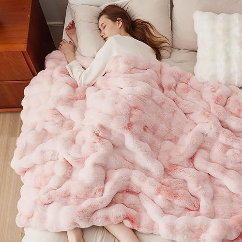 Bedsure Faux Fur Blanket, Pink Soft and Fluffy Blankets & Throws, Fuzzy Cozy Plush Bubble Blanket for Couch, Sofa and Bed, Thick and Warm Blanket, Luxury Throw Blanket 50x70 inches - Pink - Tie Dye - Throw XL(50" x 70")