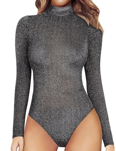 SEBOWEL Women Rhinestone Sparkly Bodysuits Sexy Studded Sheer Mesh Long Sleeve Bodysuit See Through Club Rompers Top - 85# Black - Large