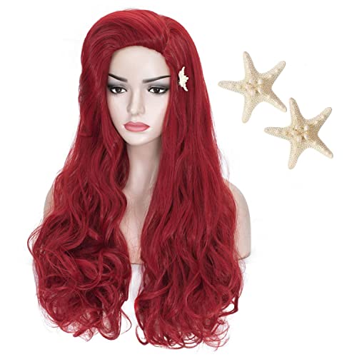 LABEAUTÉ Max Beauty Curly Long Red Mermaid Wigs Daily Wig Hair Heat Resistant Synthetic Fiber for Halloween for Cosplay for Christmas (Dark Red + Starfish Hairpin) - Dark Red + Starfish Hairpin