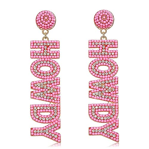 Western Cowgirl Earrings Rhinestone Glitter Disco Handmade Crystal Beaded Howdy Dangle Earrings Nashville Rodeo Party Outfits Jewelry for Women Girls - Pink