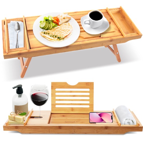 SereneLife Bath Caddy Breakfast Tray Combo - Natural Bamboo Wood Waterproof Bath Tub Caddy and Bed Tray with Folding Slide-Out Arms, Device Grooves, Wine Glass and Soap Holder SLBCAD50.5 , Brown