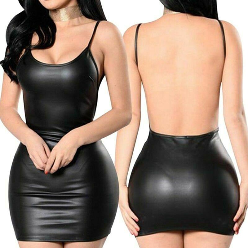 Faux Leather Backless Mini Dress | Black / L