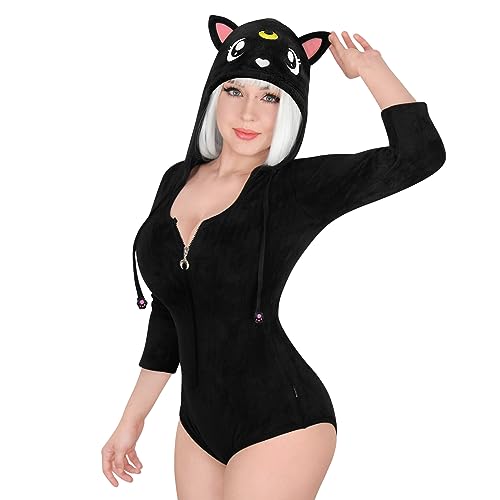 Littleforbig Cotton Hoodie Romper Zipper Onesie Pajamas Bodysuit - Black Cat Luna Onesie - Medium - Black