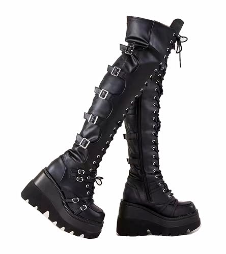 Gothniero Black Platform Boots Over Knee Thigh High Goth Boots for Women Chunky Heel Rave Motorcycle Boots with Buckles Side Zip Lace Boots Size5.5-10 - 10 - Black