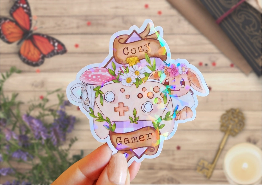 Cozy gamer aethetic shiny big vinyl sticker