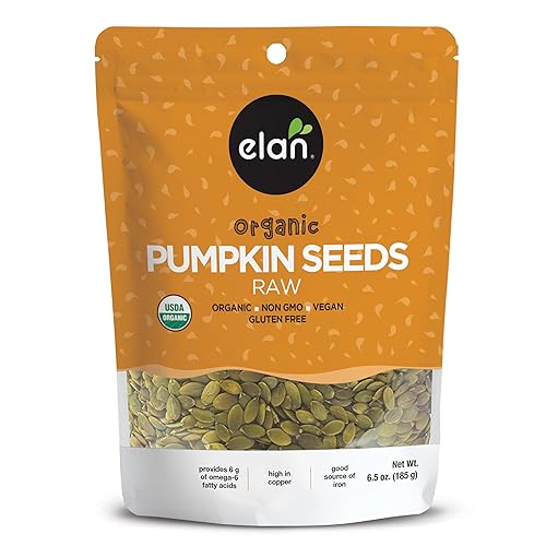 Elan Organic Pumpkin Seeds, 185g, Unsalted, Unroasted Shelled Kernels, No Shell, Non-GMO, Vegan, Gluten-Free, Kosher, Nutritious Seeds - 185 g (Pack of 1)