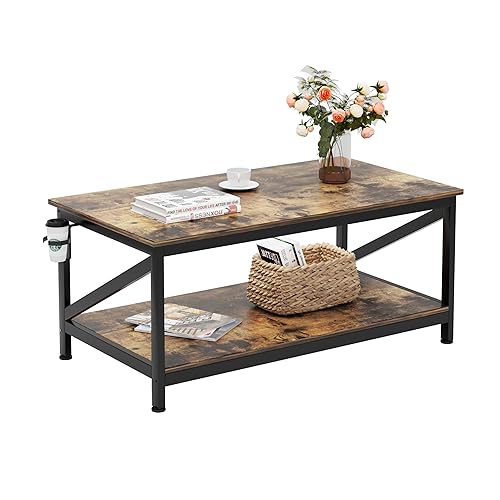 COTUBLR Coffee Table with Storage Shelf, 40 Inch Living Room Table, Farmhouse Coffee Table with 2 Tier Shelves, Black Table Legs, Industrial Wooden Coffee Table, Rustic Brown - Rustic Brown