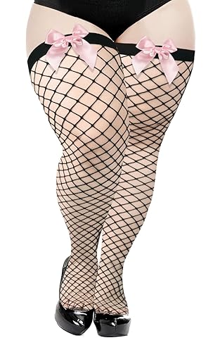 Moon Wood Plus Size Fishnet Stockings with Bows Stay up Lingerie Thigh High Stockings for Women Valentine's Day Dress - Black/Pink Bow