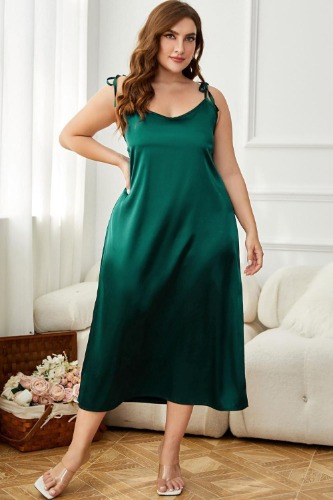 Plus Size Tie-Shoulder Midi Night Dress - Green / 4XL
