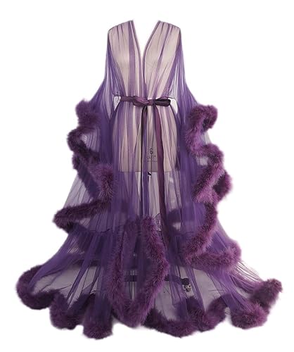 Marabou Robe Sexy Feather Bridal Robe Tulle Illusion Long Wedding Scarf New Custom Made …, Dark Purple, One Size