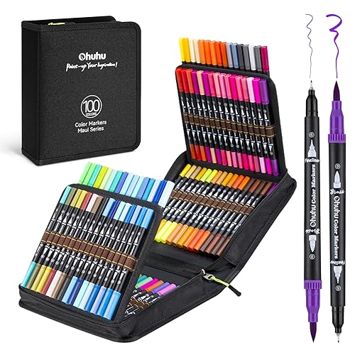 100 Color Ohuhu Dual Brush Markers: Brush Fineliner Tips Water-Based Art Marker for Adult Coloring Books Drawing Calligraphy Sketching Bullet Journal Portable Canvas Storage Bag - 100-black - 1 count (Pack of 100)
