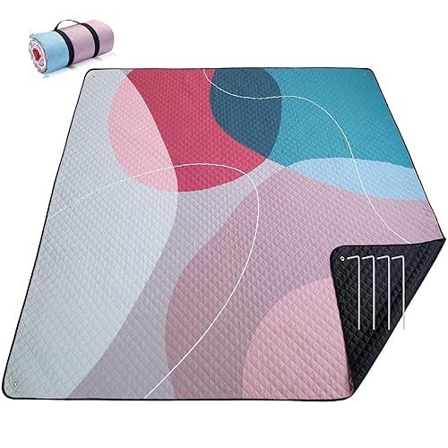 PY SUPER MODE Picnic Blankets Extra Large, Waterproof Foldable Outdoor Beach Blanket Oversized 83x79” Sandproof, 3-Layer Picnic Mat for Camping, Hiking, Travel, Park, Concerts(Abstract Pink) - Abstract Pink
