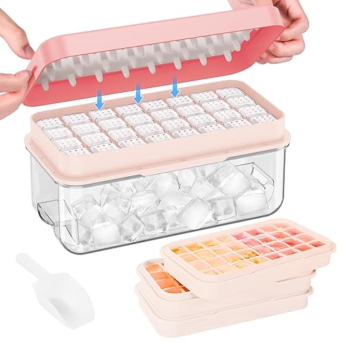 PHINOX Ice Cube Tray with Lid and Bin, 3 Pack Plastic Ice Cube Tray Molds, 96(4 * 8 * 3) pcs Ice Trays for freezer, Chilling Drinks, Whiskey & Cocktails, with Ice Container and Ice Scoop, BPA-Free - Pink - 3-tier