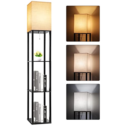 RUNTOP Floor Lamp with Shelves, Plus Shelf Lamp with Wireless Charger, 2 USB Port and Outlet, 1 Drawer, 15W LED Bulb, 3 Colors, Memory Function, Floor Lamps for Living Room, Standing Lamp for Bedroom - Black-Wireless Charger + Drawer