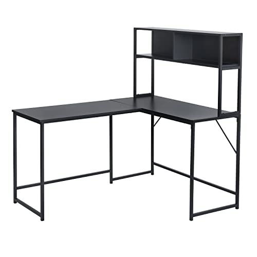 FurnitureR 54‘’ L Shaped Computer Desk with Hutch, Wood Gaming Desk Office Writing Desk with Metal Frame Student Study PC Table Large Ergonomic Table Workstation, Black