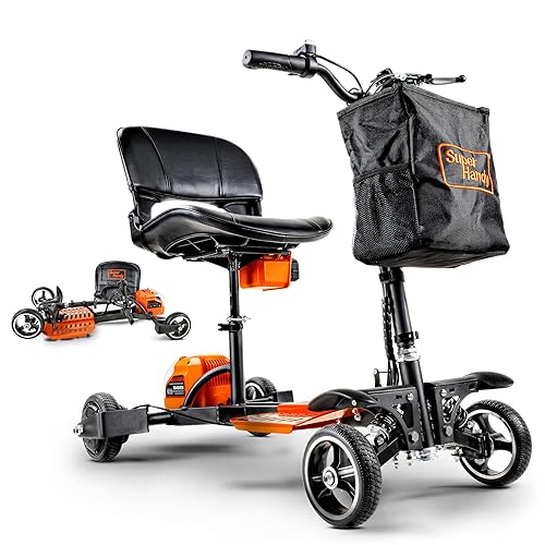 SuperHandy Passport Pro Mobility Scooter - Foldable Aluminum Frame, 4 Wheels, Includes 2 48V 2Ah Li-Ion Batteries & Charger, Supports up to 330 Lbs [Patent Pending] (Orange & Black, 330 Lbs)