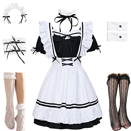 Maid Dress Japanese Anime Cosplay Dress Sissy Clothes Halloween Cosplay Costume for Women Girls with Socks Headwear - Black - Small