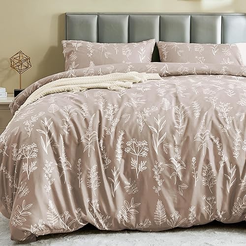 MUXHOMO Duvet Cover Queen Size, Reversible Floral Taupe Duvet Cover Set with Zipper Closure, 3 Pieces Botanical Patterns Soft Microfiber Bedding Set with 4 Ties (90"x90", 2 Pillow Cases) - Queen(90"x90") - 01 - Taupe Leaves (No Comforter)