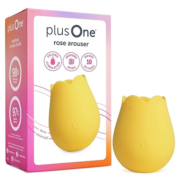 plusOne Rose Toy Vibrator for Women, Clitoral Stimulator Made of Body-Safe Silicone, Waterproof, USB Rechargeable and 10 Pulsing Settings, Yellow