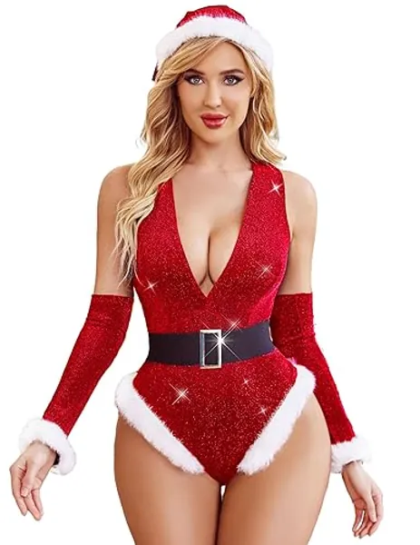 Avidlove Women Christmas Lingerie Bodysuits Sexy Deep V Plunging Teddy with Christmas Hat and Fingerless Gloves