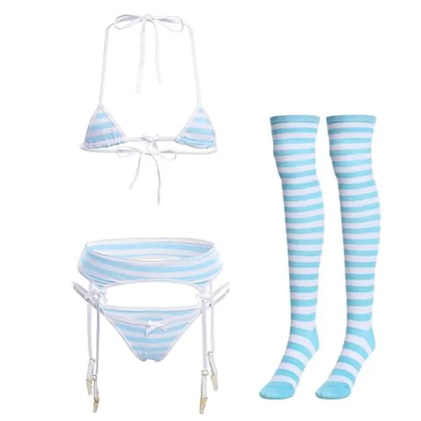 ABAFIP Women Cute Kawaii Anime Lingerie set Halter Strap Micro Bra Tiny Panty Garter Belt Striped Stockings 4Pcs Underwear