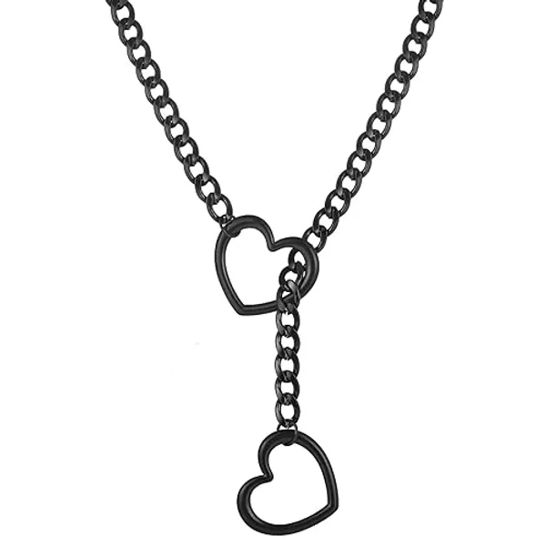 sroyte Heart Slip Chain Necklaces for Women,Stainless Steel O-Ring Adjustable Lariat Heart Y-Necklace,Punk Gothic Cuban Collar Choker Necklace for women