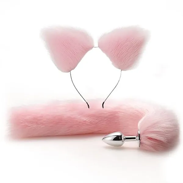 Anal Plug Butt Plug, 2Pcs/Set Sex Fox Tail Anales Plug Toys Butt Plugs with Cat Ears Headband Anal Sex Toys for Women Man Beginners Adult Couples Bondage, Pink