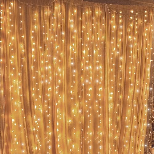 Twinkle Star 300 LED Curtain String Lights, 12 Modes Fairy Hanging Lights for Bedroom, Wedding, Party, Home Garden, Outdoor & Indoor Wall Decorations Twinkle Lights, Warm White, 6.6ft(W)*9.8ft(L) - *Warm white - 300 LED
