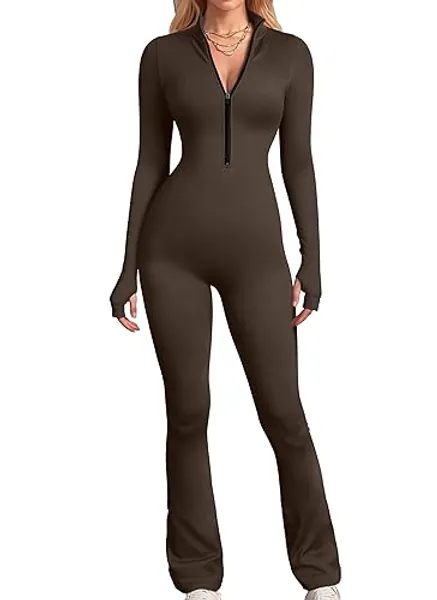 OQQ Women's Yoga Jumpsuits Ribbed Long Sleeve Zip Front Sport Bell Bottoms Flare Jumpsuits