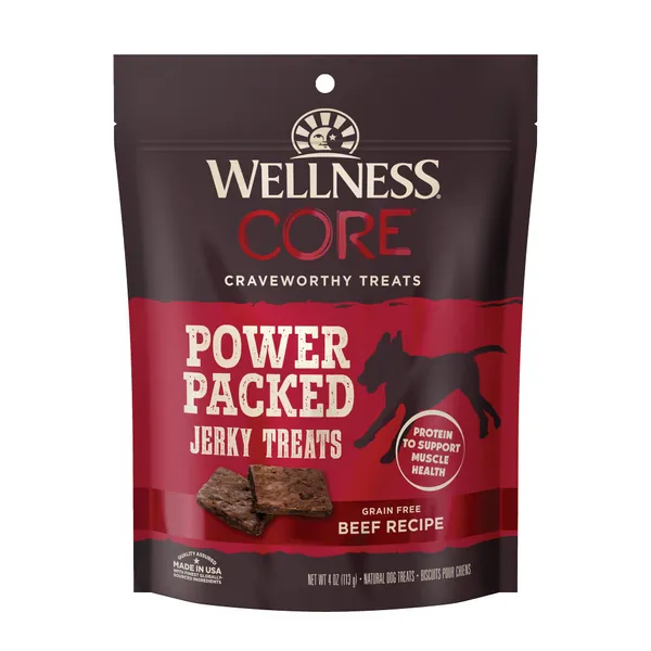 Wellness CORE Power Packed Dog Treats (Previously Pure Rewards), Grain-Free Tender Jerky Treats, Made in USA (Turkey, Beef, Chicken/Lamb, Venison) - Beef 4 Ounce (Pack of 1)