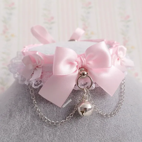 Kitten Pet Play Collar Gear ,Princess DDLG Choker Necklace Pink Satin White Lace Ruffles Chain Bow Bell Tug Proof Daddys Girl Kawaii pastel