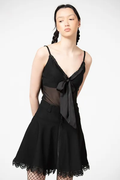 Yuna Ribbon Mesh Top | L / Black / 92% Polyester 8% Elastane
