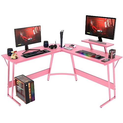 PayLessHere L Shaped Desk Corner Gaming Desk Computer Desk with Large Desktop Studying and Working and Gaming for Home and Work Place,Pink - Pink
