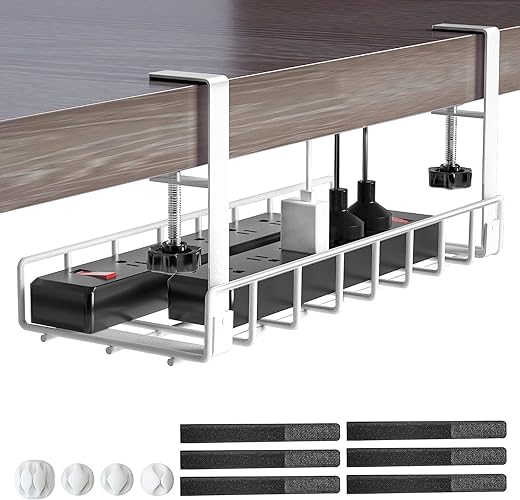 Under Desk Cable Management Tray, Xpatee Upgraded Wire Management No Drill No Screws, Cable Tray with Clamp for Desk Wire Management, Computer Cable Rack for Office, Home - No Damage to Desk (White) - White
